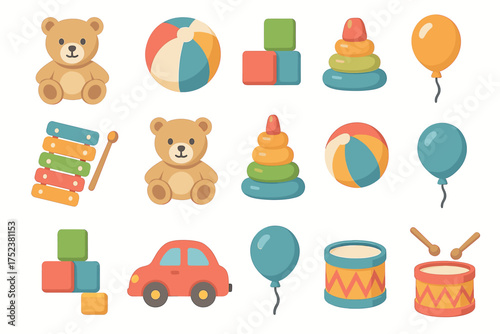 Colorful assortment of children's toys: teddy bears, blocks, balls, and more