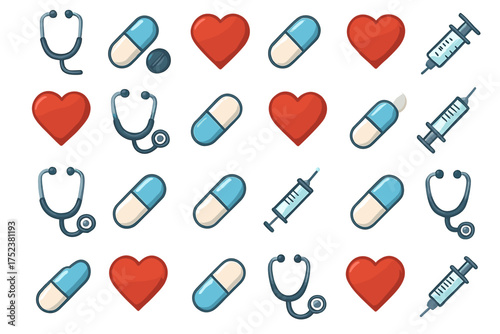 Medical equipment and health symbols pattern with stethoscope, pill, syringe, and heart icons