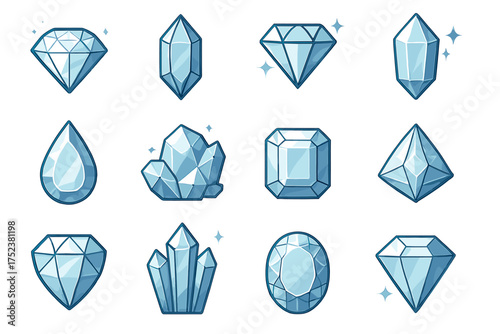 Various gemstone shapes: diamonds, crystals, and faceted gems on white background