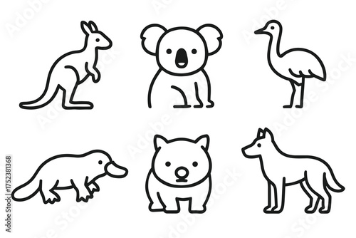 Outline illustrations of iconic australian animals in black and white
