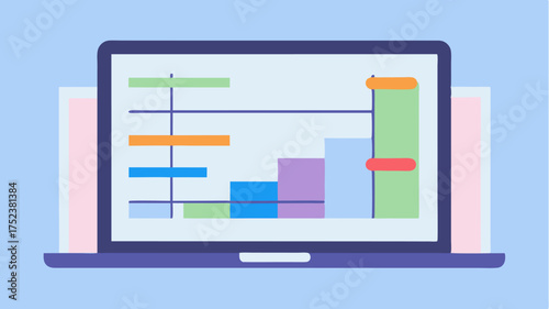 A Gantt chart visualization on a laptop screen depicting overlapping project phases resource allocation and critical path analysis.