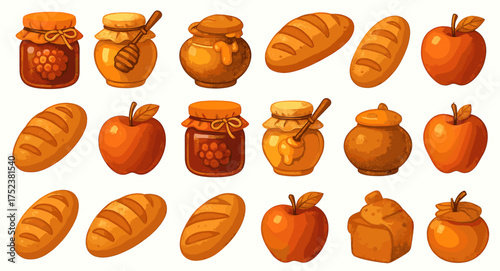 Assorted bread and jars of honey with apples on white background