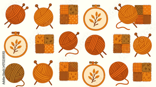 Seamless pattern with yarn balls and embroidery hoops in earth tones