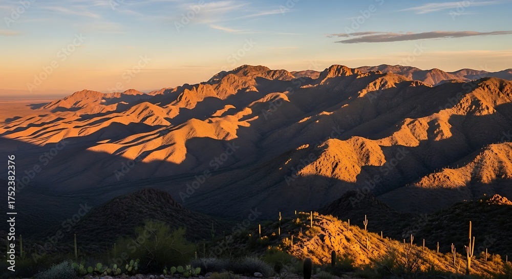 Fototapeta premium Desert mountain range landscape at sunset with saguaro cacti in the foreground
