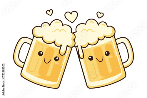 Cute beer mugs toasting with hearts silhouette a white background