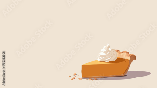 Delicious pumpkin pie slice with whipped cream topping on light background, traditional Thanksgiving dessert illustration with warm festive atmosphere.