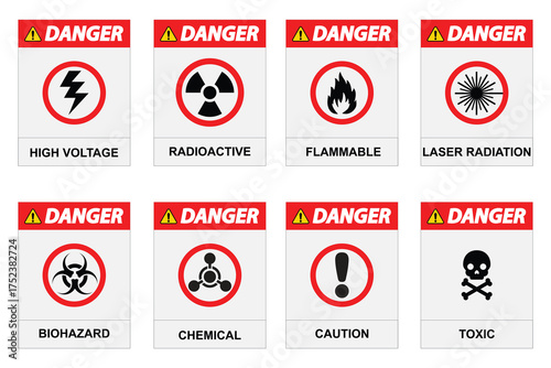 Set of eight standard industrial danger warning labels for high voltage flammable biohazard toxic radioactive risks ideal for safety manuals and regulatory compliance use