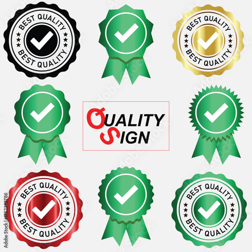 Premium vector set of quality guarantee badges with checkmarks, award ribbons, and certification seals in green, gold, black, and red for product trust branding
