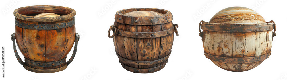 Fototapeta premium Three antique wooden buckets with metal bands and handles, isolated on transparent background
