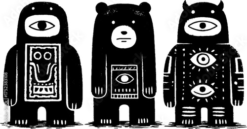 Abstract tribal folk art silhouette with bear and mystical beings for cultural design