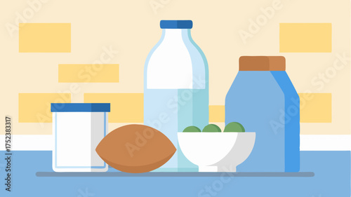 An array of dairy alternatives in glass bottles such as almond milk oat milk and coconut yogurt showcased on a sunny kitchen counter.