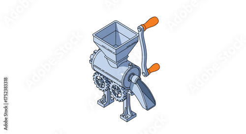 A manual grain grinder with a crank and hopper for processing small batches of food.
