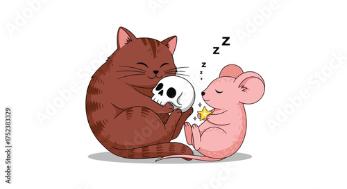 A sweet dream between a cat and a mouse and a skull.