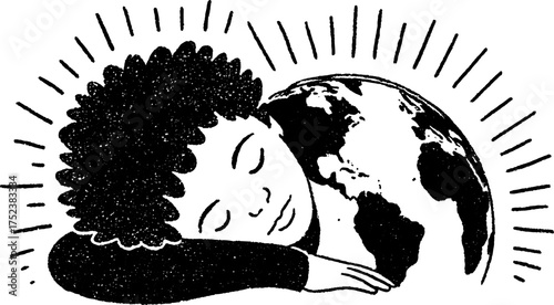 Tribal folk art blackwork scene - resting child embracing earth with radiant energy theme