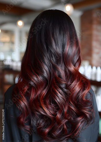  A beautiful of woman with long, wavy hair featuring a dark brown to vibrant deep red ombre color transition, healthy shine, soft curls, professional salon lighting