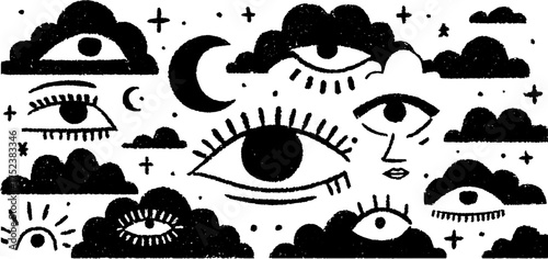 Dreamy celestial folk art scene with eyes and clouds for wall decor