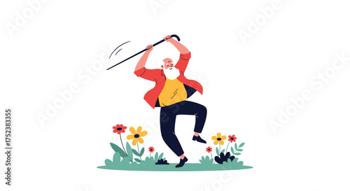 An old man in a red jacket and black pants joyfully dances with a cane in a field of flowers.