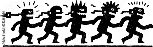 Tribal folk art silhouette of energetic figures in blackwork style for creative design