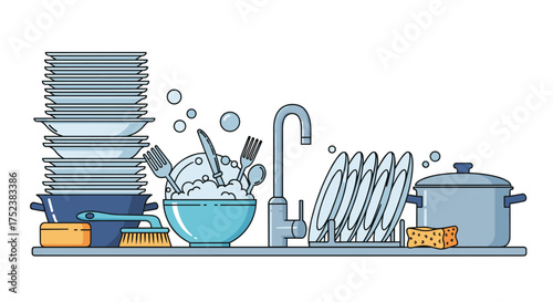 A sink full of dishes waiting to be washed after a meal.