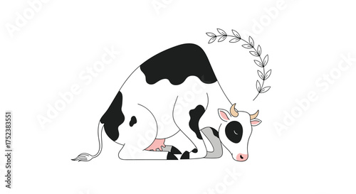 A cute cartoon cow is bending down to graze on the grass.