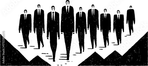 Tribal blackwork illustration of business figures walking in silhouetted landscape
