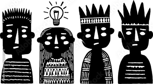 Tribal folk art blackwork illustration with meditative figures and light bulb idea