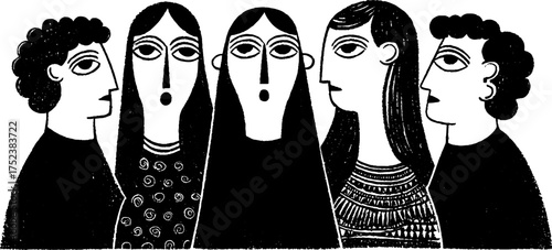 Tribal folk art blackwork silhouette scene of meditative figures for boho design
