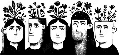 Tribal folk art portraits with floral mind imagery in blackwork style