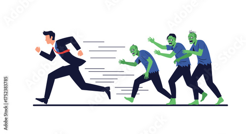 Businessman running away from zombies in a chase scene.