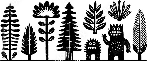 Whimsical scandinavian tribal folk art scene featuring trees and creatures