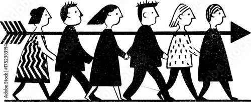 Tribal folk art blackwork scene of people in progression for print design