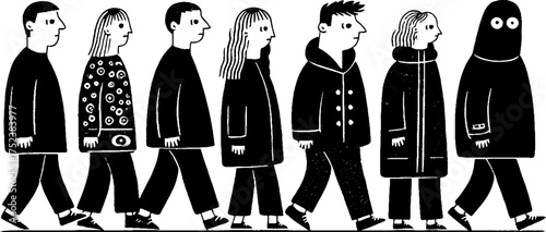 Tribal folk art blackwork of scholars in a walking scene - design for print and poster