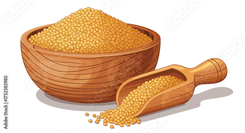 A close up shot of mustard seeds in a wooden bowl with a scoop. 