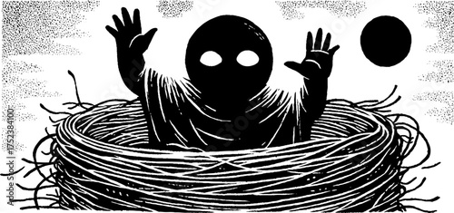 Mysterious tribal folk art silhouette in nest - symbolic blackwork design for creative projects