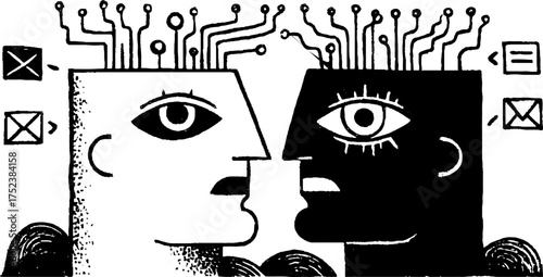 Tribal folk art blackwork illustration of symbolic human faces in conversation
