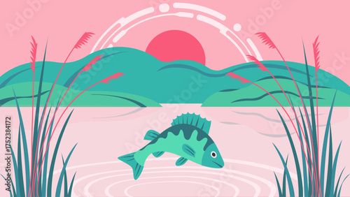 A peaceful mountain lake with jumping fish and scenic mountains in the background. Creates a calm, natural atmosphere perfect for nature scenes, relaxation, and inspiring outdoor environments.