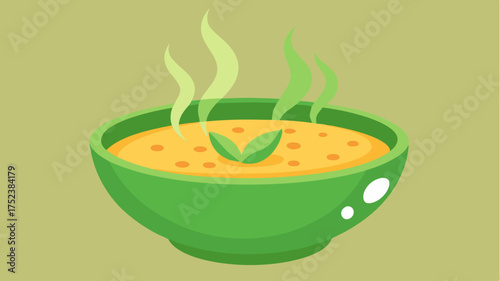 A steaming bowl of green lentil soup garnished with fresh herbs radiating warmth and comfort.