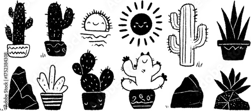 Tribal folk art collection of abstract cactus and sun designs in blackwork style for creative projects