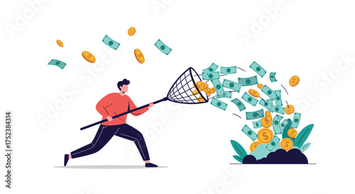 A man with a net tries to catch falling money and coins.