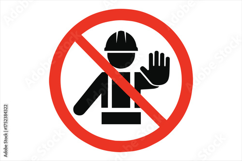 No entry for person wearing hard hat symbol silhouette a white background