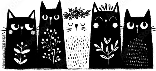 Tribal folk art cats in blackwork style for boho design projects