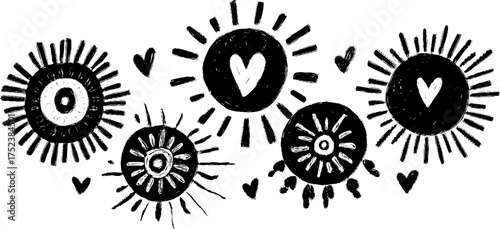 Tribal folk art blackwork design featuring abstract sun motifs and hearts