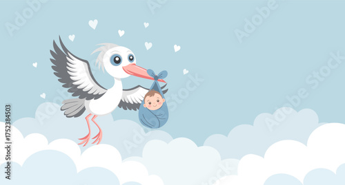 Baby shower invitation banner with stork carrying cute baby in bag on blue sky background for greeting card, baby album, boy birthday party, poster.