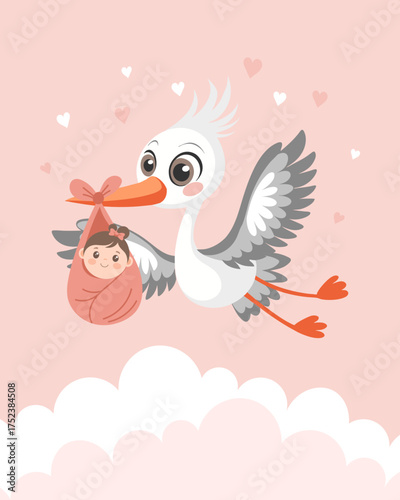 Baby shower invitation with stork carrying cute baby in bag on pink sky background for greeting card, baby album, girl birthday party, poster.