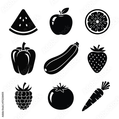 Black and white vector icons of fruits and vegetables food healthy diet nutrition watermelon apple orange pepper zucchini strawberry