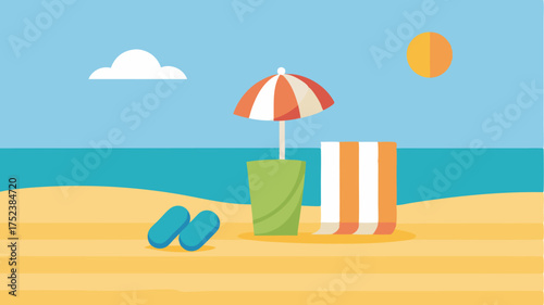 A serene beach scene with flipflops a towel and a drink suggesting relaxation as part of vacation planning.