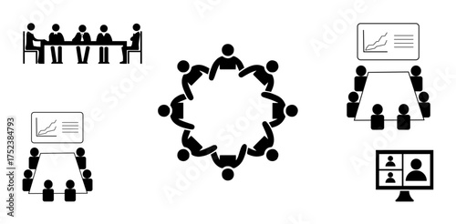 Group discussion vector set with business meeting, teamwork, office collaboration, brainstorming, corporate communication and planning icons