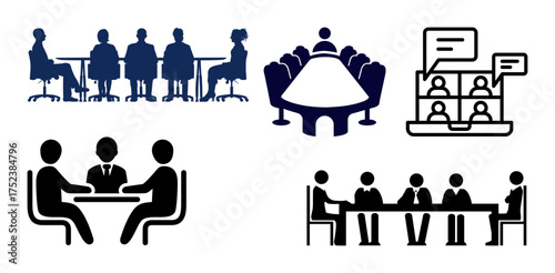 Business conference vector icons with teamwork, corporate meeting, office collaboration, group discussion, and brainstorming design elements