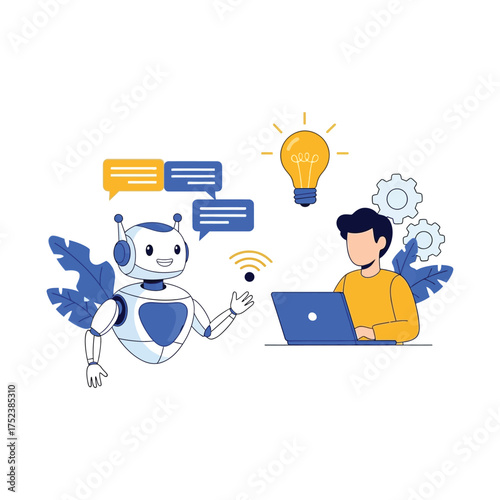 AI Robot Assisting Human with Laptop, Idea Generation artificial intelligence innovation technology automation chat communication