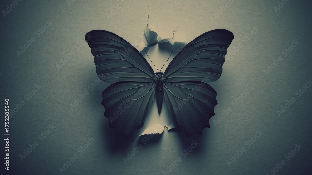 Fototapeta premium In a surreal environment, an artistic illustration of a butterfly emerging from a cocoon serves as a visual metaphor for renewal from a close-up viewpoint